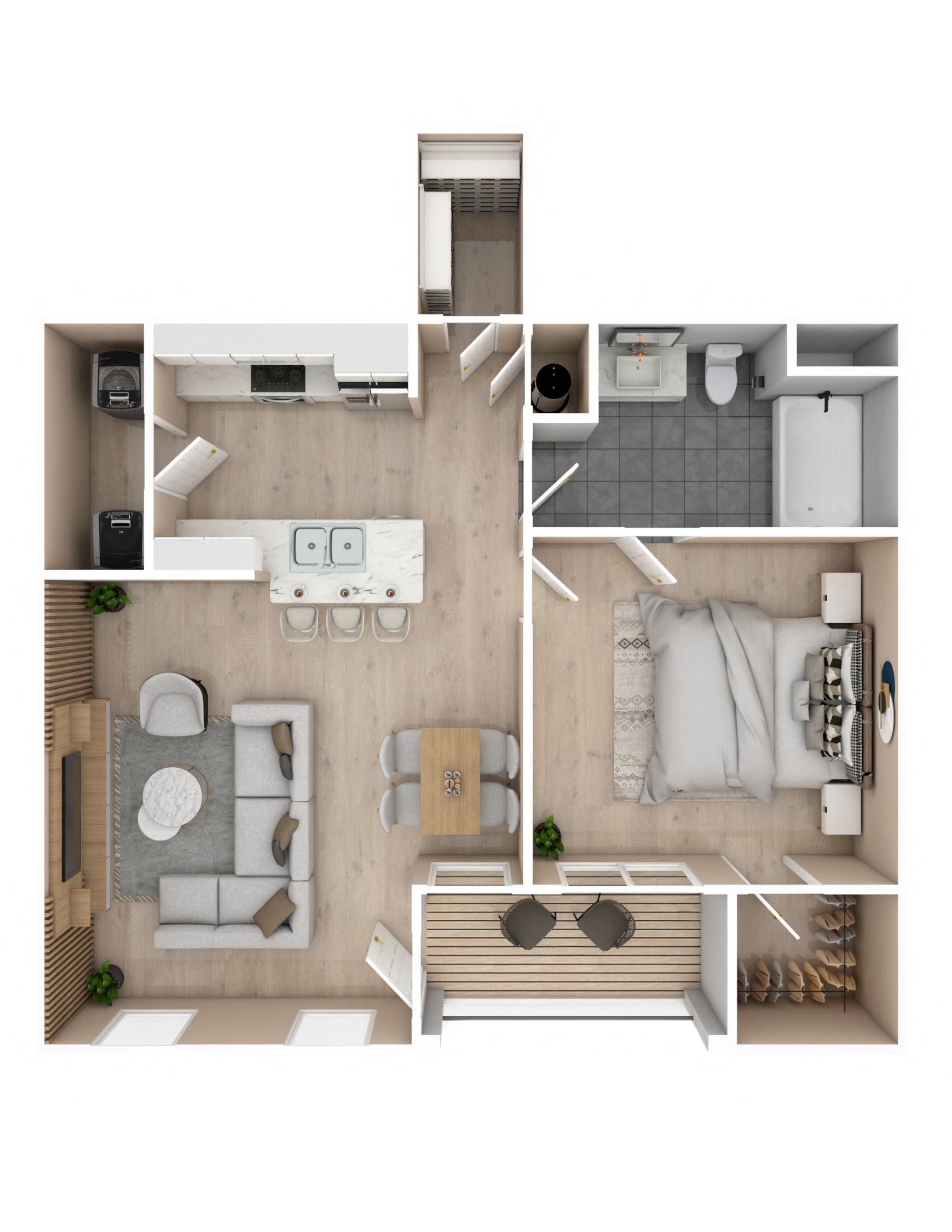 Floor plan for 1 bed, 1 bath, 716 sqft